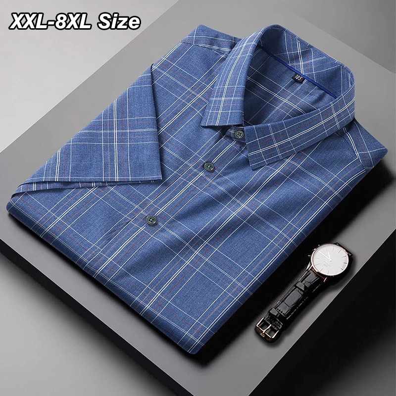 Plus Size Men's Loose Plaid Shirt Summer Short Sleeve Fashion Luxury Business Casual Party Social Dress Brand Clothing 7XL 8XL