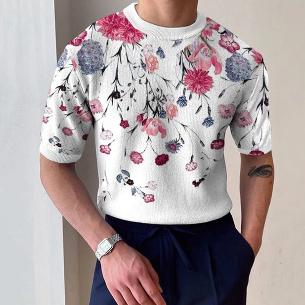 

Summer Pullover Round Neck Casual Elegant Floral Print Sweater Simple Fashion All-match Short-sleeved T-shirt Men's Clothing
