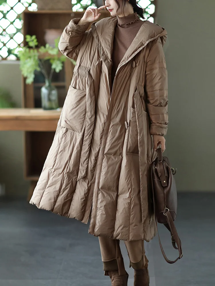 

New Autumn Winter Women Hooded Warm 90% White Duck Down Long Parka Casual Female Button Pocket Down Coat Outwear