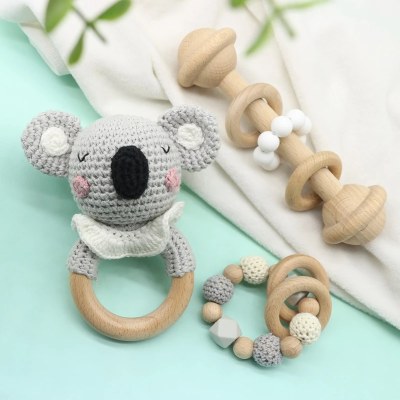 

Baby Teether Wooden Ring Cotton Thread Crochet Animal Koala Rattle Knitted Hand Bell Handmade BPA Free Chewing Teething