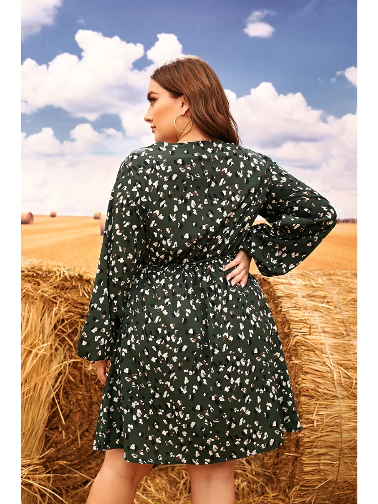 Oversized women's clothing, chubby sister waist tucked, meat covered floral v neck dress  vestido plus size mujer
