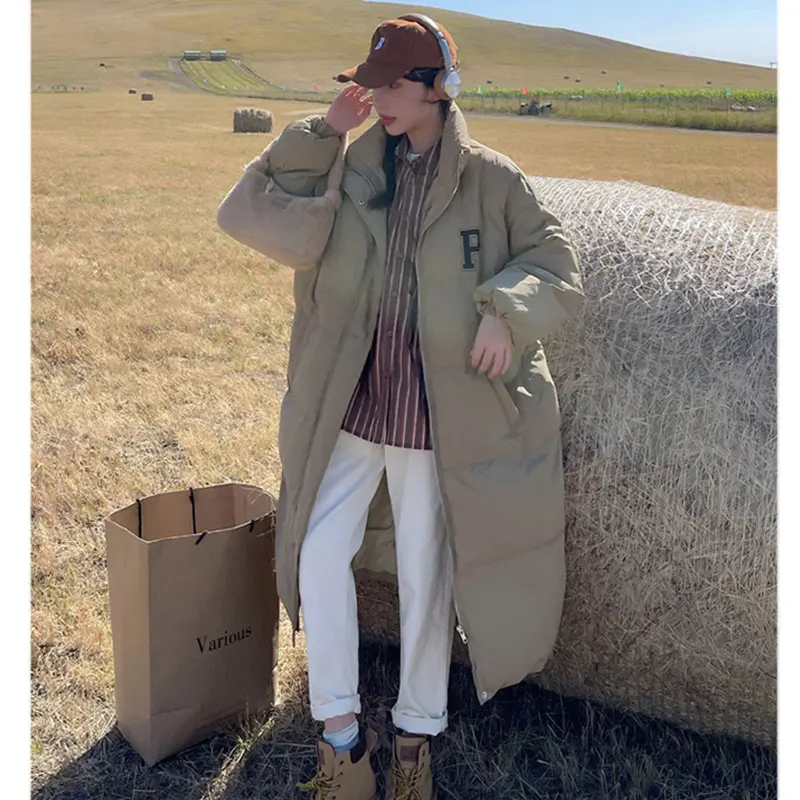 Long Winter Coat Women Fall 2022 Stand Collar Oversized Korean Fashion Letter Jackets Loose Streetwear Thicken Warm Parkas Chic