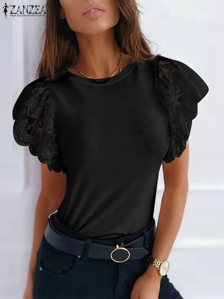 

Модная Женская Туника ZANZEA, летняя кружевная Лоскутная рубашка с коротким рукавом и круглым вырезом, богемная Повседневная Праздничная соро...