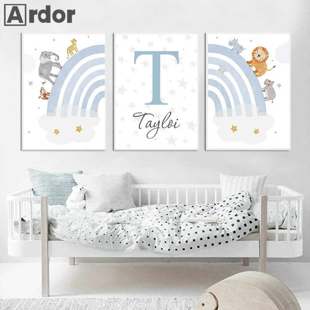 

Custom Name Canvas Painting Blue Rainbow Wall Posters Elephant Art Prints Nursery Poster Nordic Wall Pictures Kids Room Decor