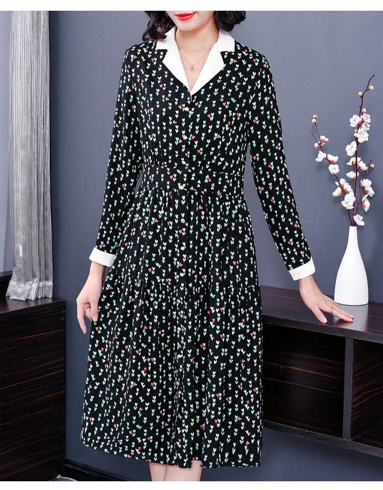 

Spring Autumn Woman Chiffon Notched Collar Button New Fashion Printing Button Long Sleeves Dresses Female