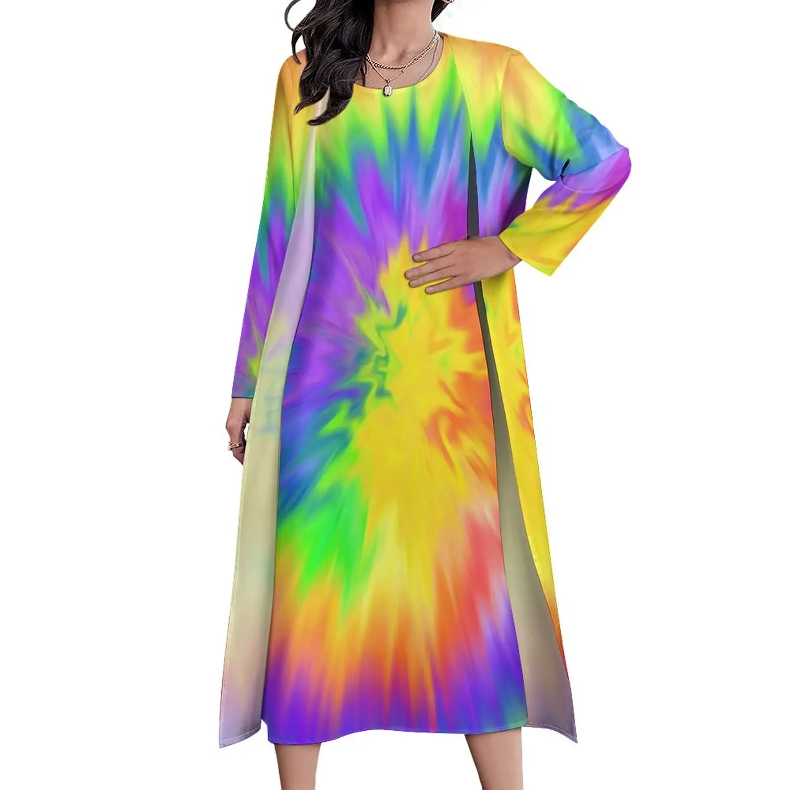 

Женское длинное платье с радужным принтом, длинное пляжное платье с длинным рукавом, в стиле бохо