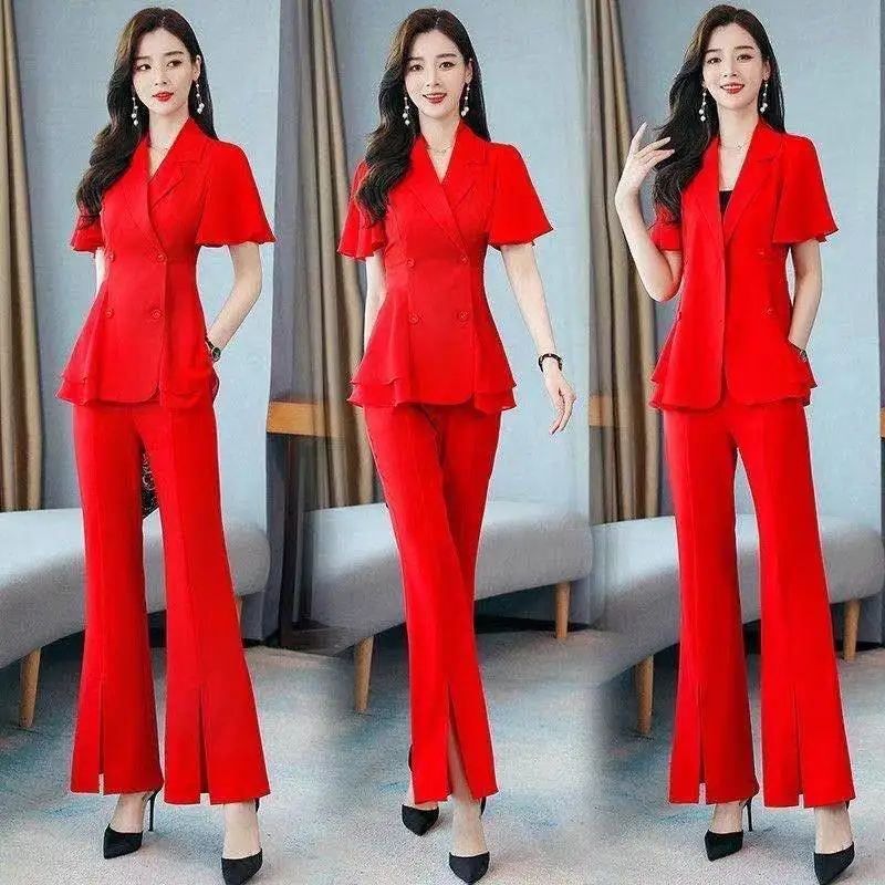 

Женский офисный костюм с коротким рукавом, пиджак с отложным воротником и расклешенные брюки, комплект из двух предметов, Y121, лето 2023