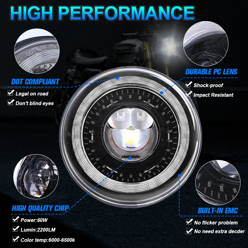 Мотоциклетная светодиодная фара 7 дюймов E9 DOT E-mark для Harley KAWASAKI Honda Yamaha Suzuki Cafe Racer Jeep