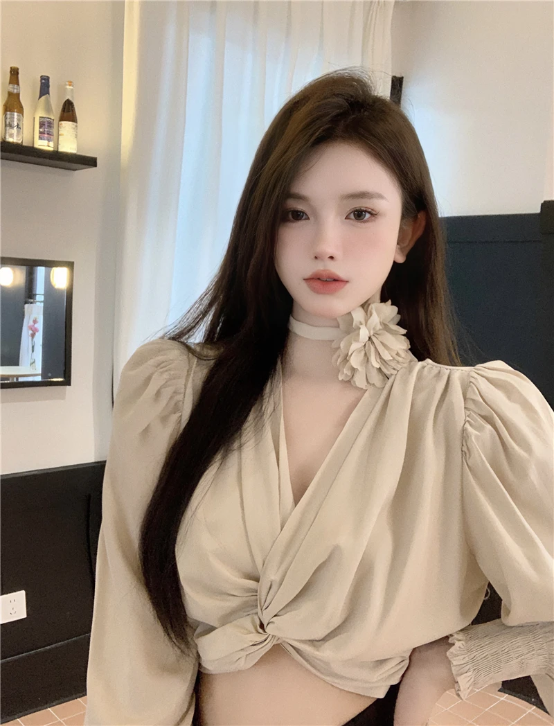 Французские рубашки Socialite Temperament со шнуровкой и v-образным вырезом женские