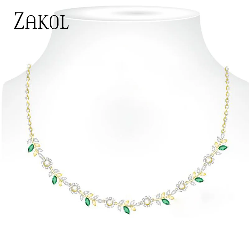 

ZAKOL New Arrival Trendy Green Flower AAA Cubic Zirconia Leaf Chkoer Necklaces for Women Girls Party Dinner Dress Birthday Gift