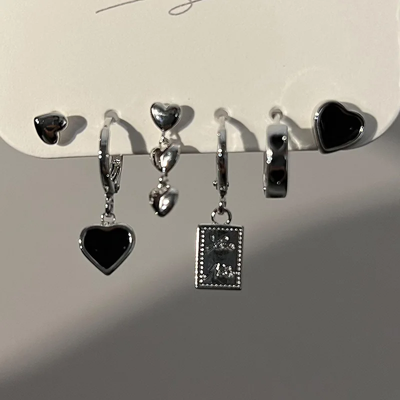 

6pcs Set Silver Color Metal Tassel Chain Love Heart Earring Irregular Geometric Cherry Stud Earrings For Women Gifts Jewelry