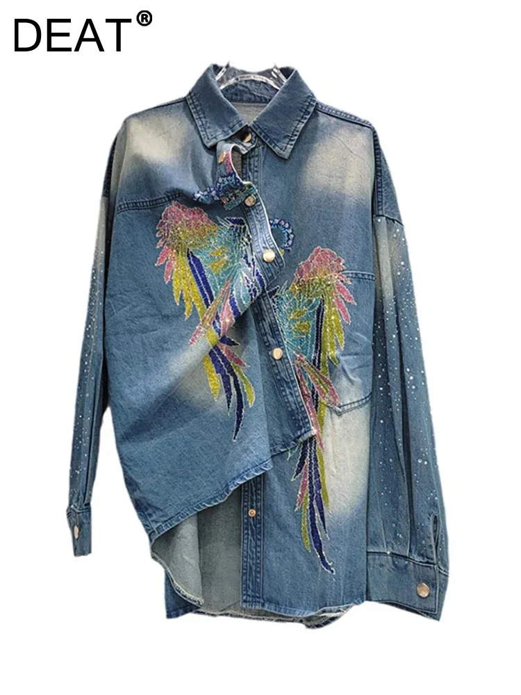 Женские джинсовые рубашки DEAT цветная блузка с длинными рукавами и стразами