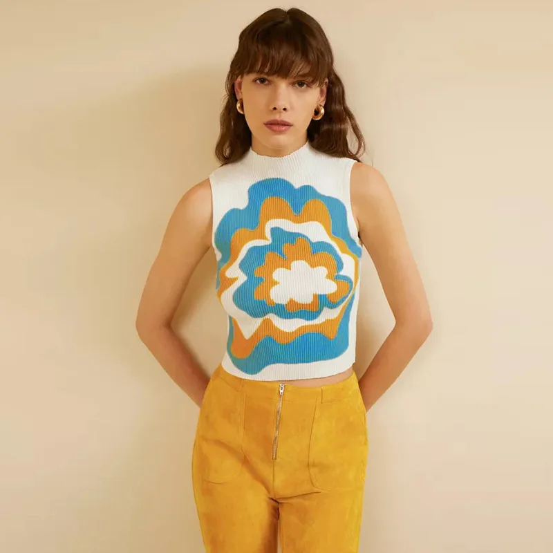 

Женский Повседневный однотонный вязаный жилет, облегающие Женские майки, трикотажная одежда без рукавов с высоким воротом и цветочным узор...