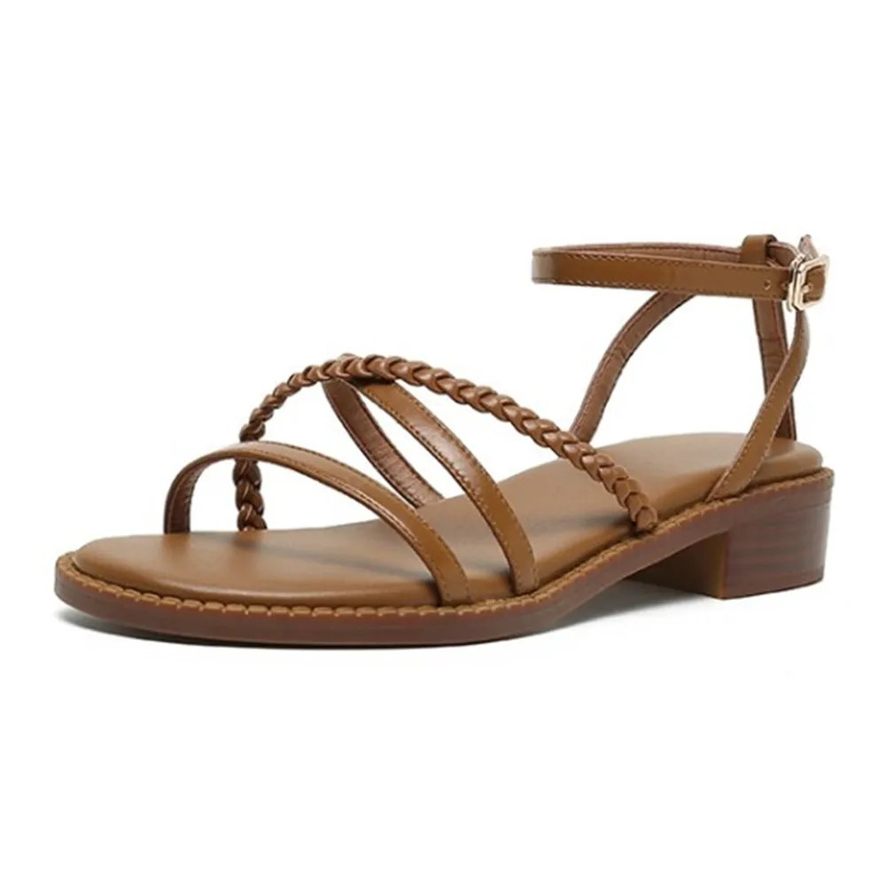 

Genuine Leather, Women's Flat Casual Sandals, Round Toe, Low Heel, Roman Style, Woven, Women's Shoes, Walking Shoes Comfortable
