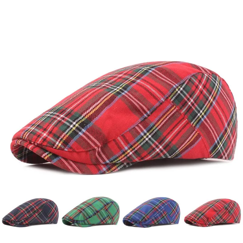 

Fashion Fine Stripe Lattice Berets Hat Women Men Spring Summer Plaid Visors Red Green Blue Duckbill Herringbone Flat Cap