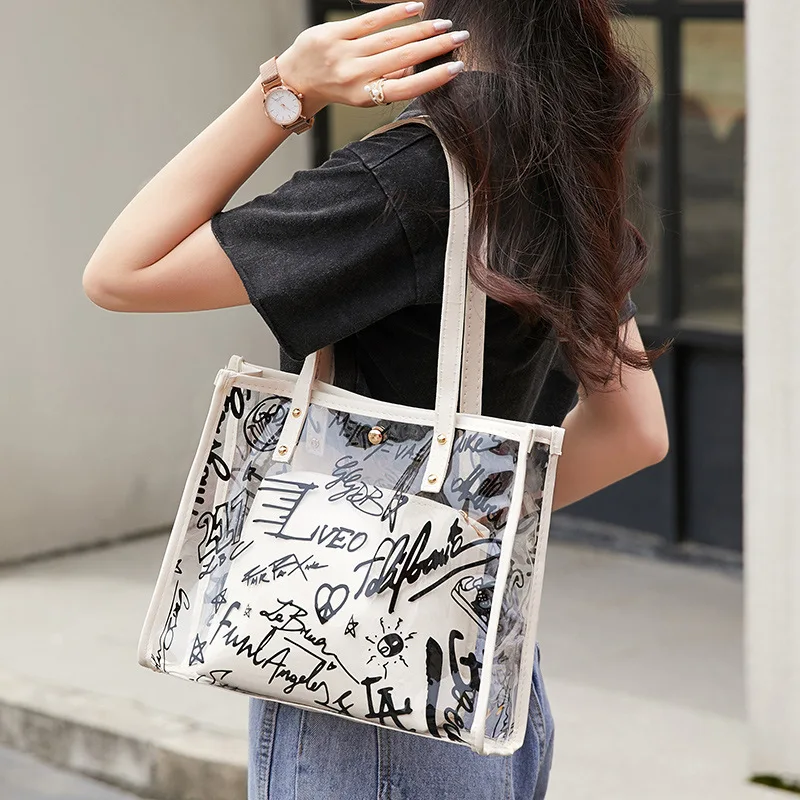 

2Pcs sets Clear Graffiti Handbag Linen PVC Transparent Women Fashion Shoulder Beach Jelly Purse Tote New Trend Brand Clutch Bags
