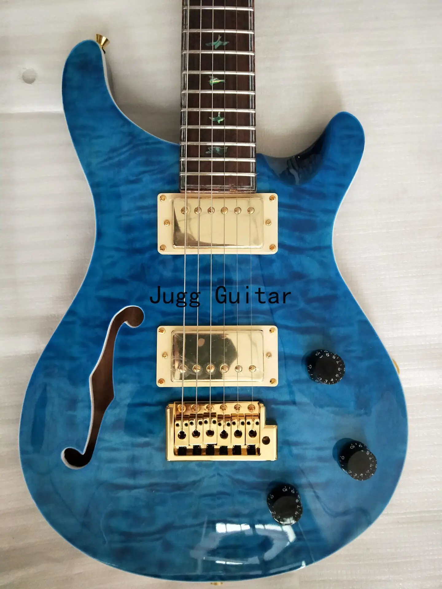 

Rare Paul Reed Blue Quilted Maple Top Semi Holllow Body Electric Guitar Single F Hole, Abalone Birds Inlay, Eagle Headstock