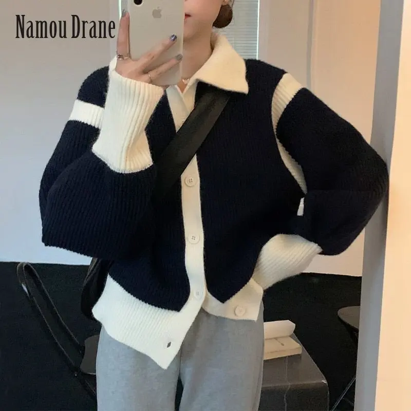 

Осенне-зимний новый контрастный вязаный кардиган, топ, Женский нишевой цветной свитер свободного покроя, тонкий свитер, пальто