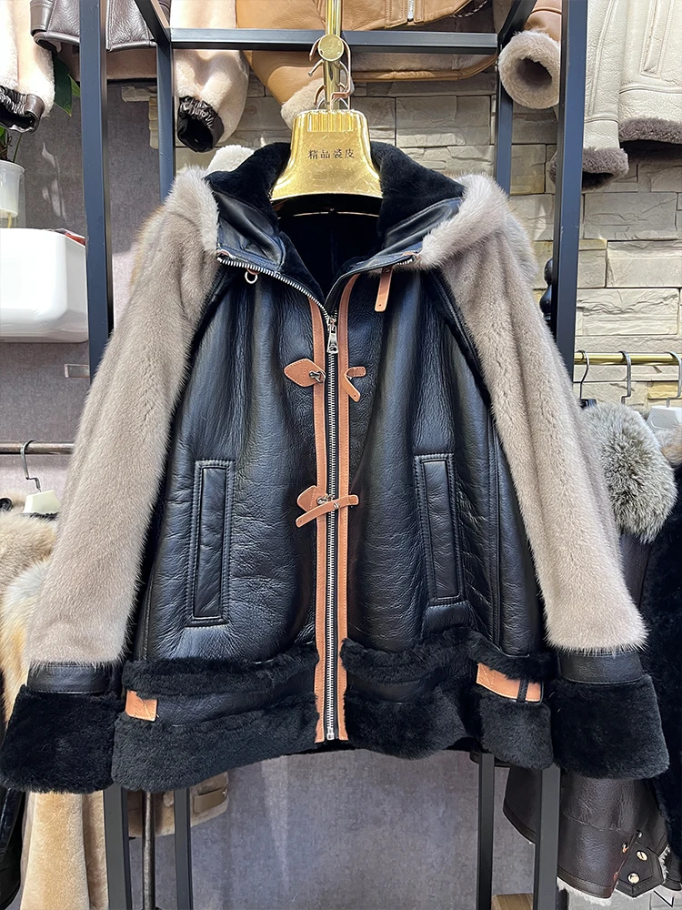 

Шуба из натуральной овечьей шерсти мериноса, роскошная женская двухсторонняя шуба из меха норки, мотоциклетная одежда с рукавом