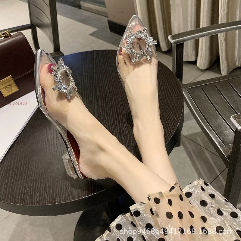 

Сандалии женские прозрачные на толстом каблуке, простые туфли с кристаллами, без каблука, с открытым носком, плоская подошва, лето 2021