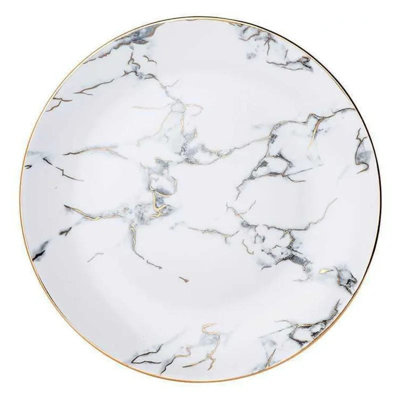 

Nordic Round Salad Plate Tableware Marble Plates Ceramic Dinner Set Porcelain Dessert Plate Steak Cake Plates Dining Set Mug