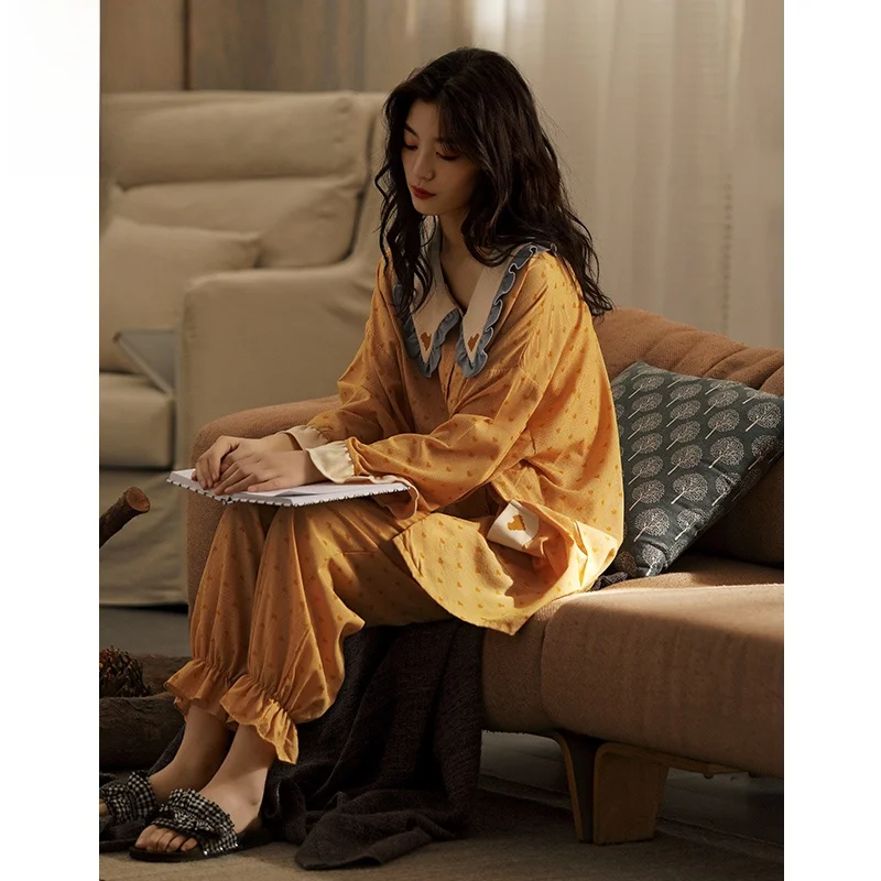 Пижамы женские весенне-осенние из чистого хлопка с длинными рукавами 2024 новая