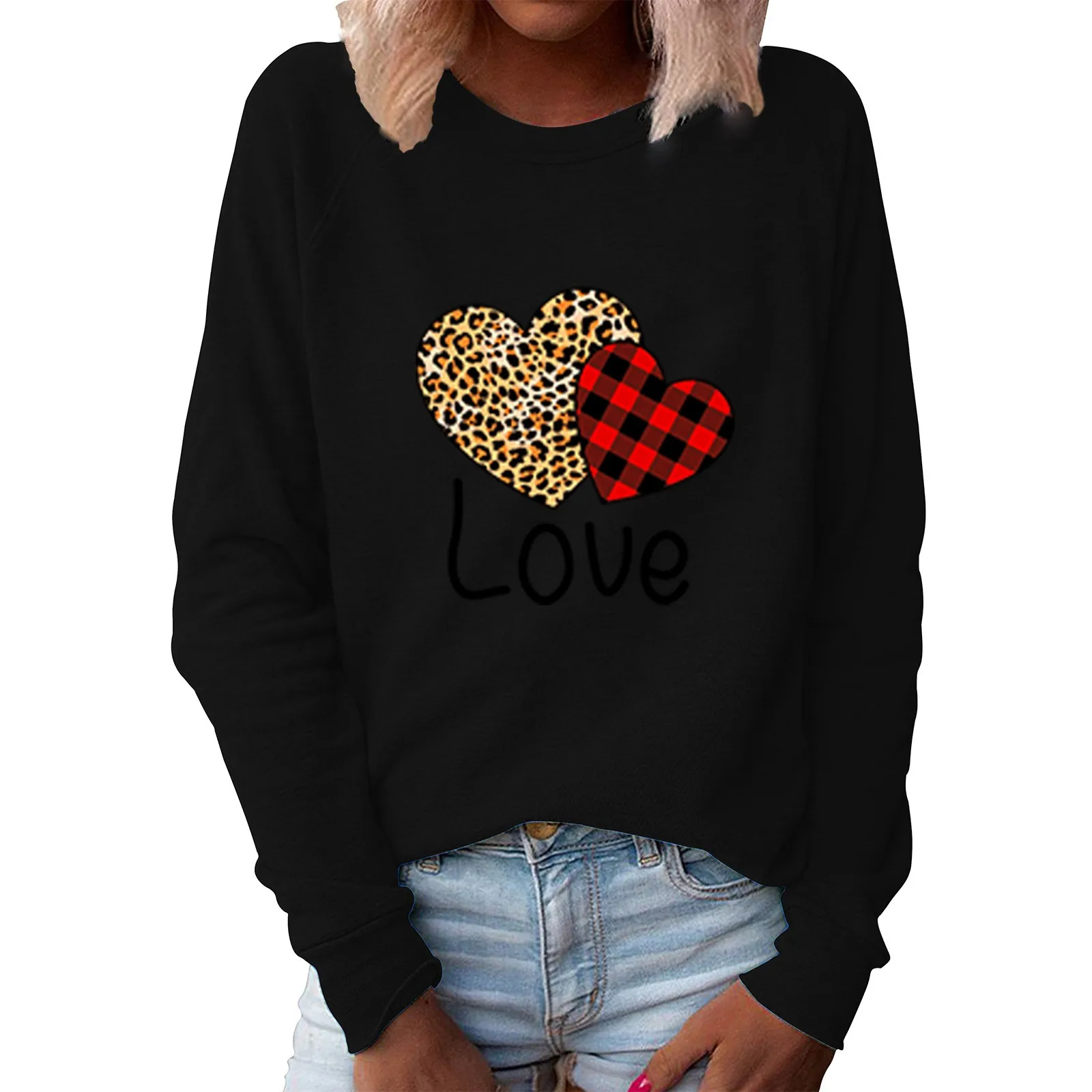 

Women's Valentine Heart Print O Neck Loose Sweater Long Sleeve Casual T Shirts for Women Loose Womens Long Sleeve Tops