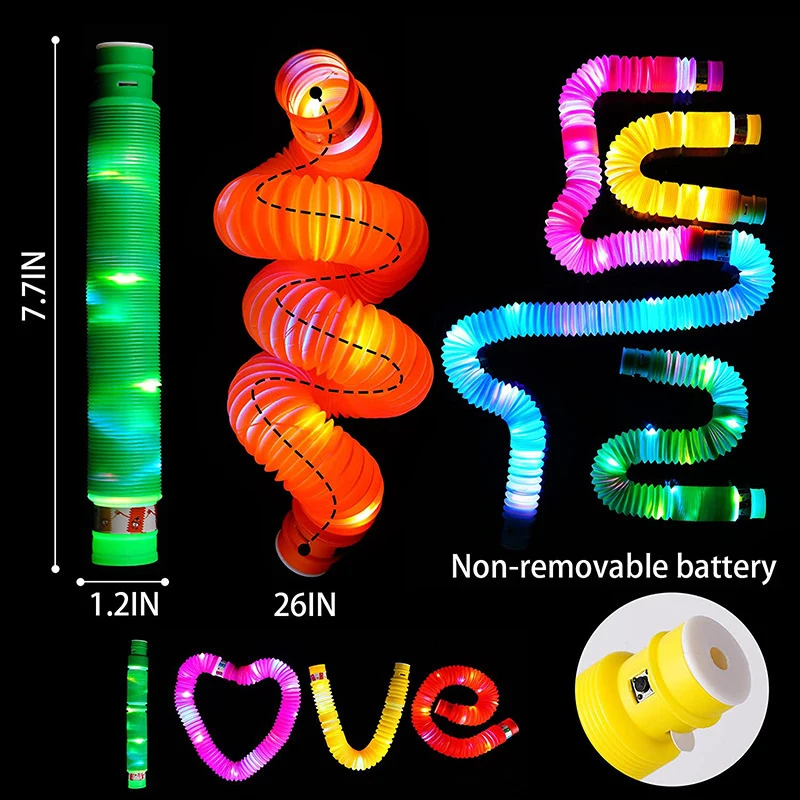 Tubos Pop luminosos LED fluorescentes, tubo de plástico estirado, corrugado, telescópico, juguete de descompresión