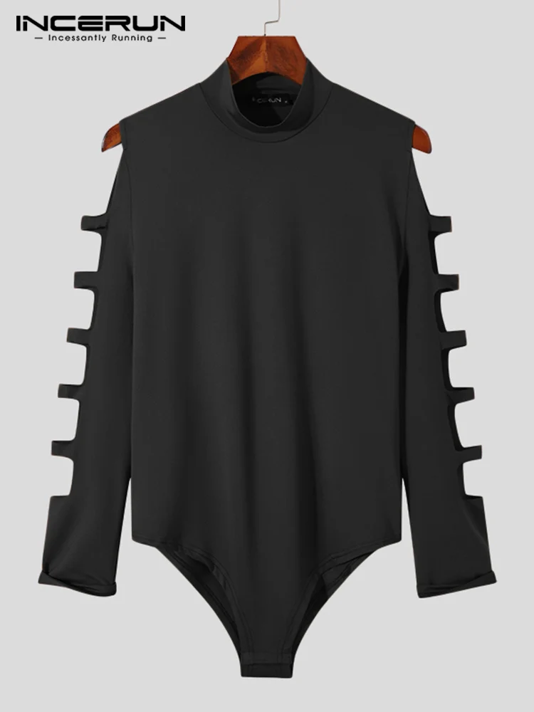 INCERUN Fashion Men's Long Sleeve Hollow Half Rompers Stylish Solid High Neck Homewear Elastic Knitting Triangle Jumpsuits S-5XL