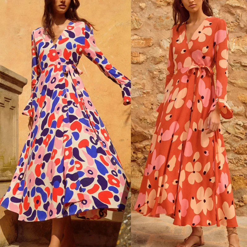 

New Bohemian Women's V-neck Print Sexy Dress in Spring and Summer 2023