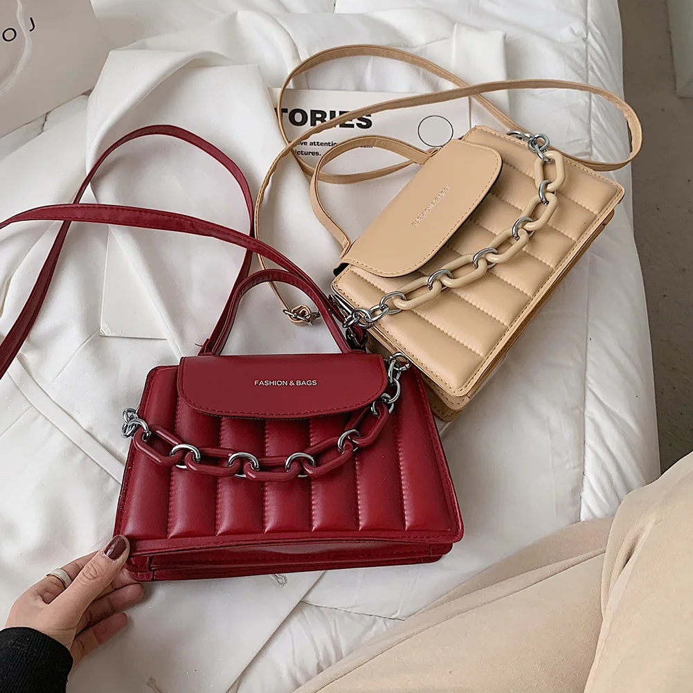 

Vintage Women Shoulder Bag Solid Color Chain PU Leather Messenger Bags Temperament Chain Flap Purse Chic Bags