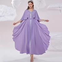 muslim lilac caftan marocain evening dress 2022 with caped sleeves sexy v neck abaya dubai prom dresses elegant formal party