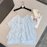2022 summer vacation top for women new french style temperament sweet lady ruffled sexy v neck rhinestone strappy chiffon blouse