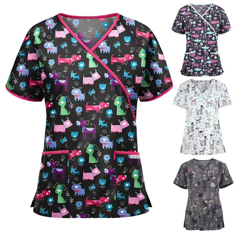 

AIIOU Ladies Scrubs Medical Uniform Tops Women Sweet Printed Short Sleeve Surgical Nurse Care Work Blouse Hospital Accessories
