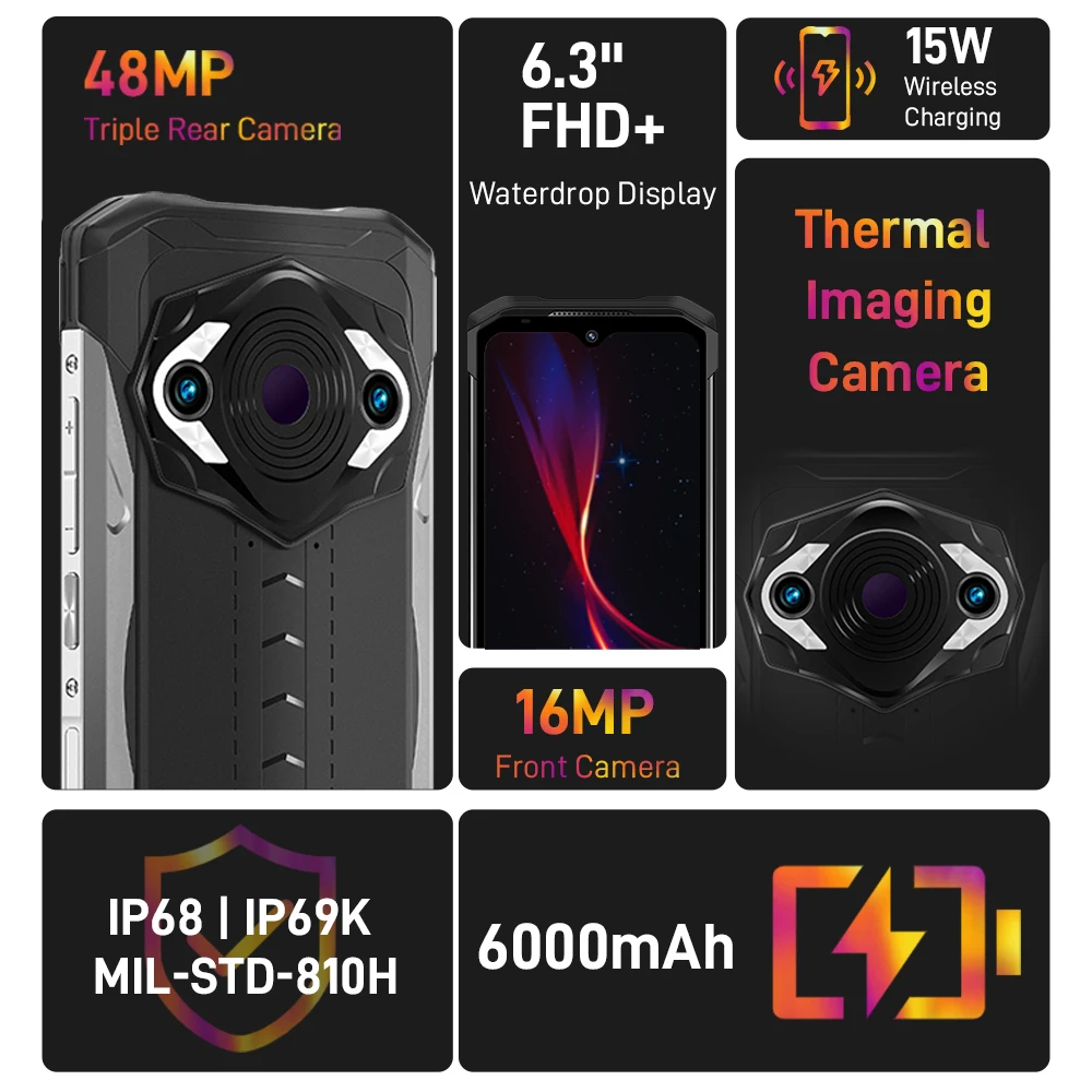 Смартфон DOOGEE S98 Pro с тепловизионной камерой, защитой от ударов, камерой на 20 МП с ночным видением, процессором Helio G96, 8+256 ГБ памяти, дисплеем 6,3 дюйма FHD+ и NFC.