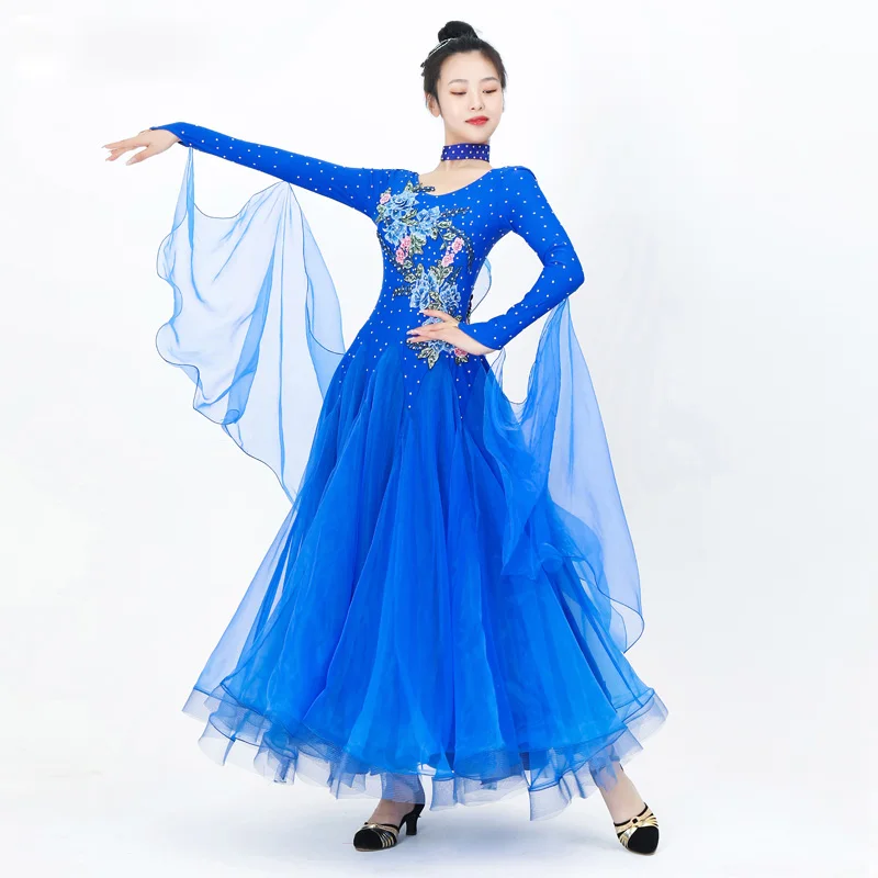

New Sexy Modern Dance Dress National Standard Women Ballroom Dance Dresses Blue Waltz Performance Costumes