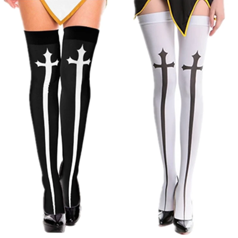 

LLS New Stockings Women's Halloween Black Nightclub Stockings Women's Long Tube Cross White Knee Socks Sexy Cosplay Thigh Socks