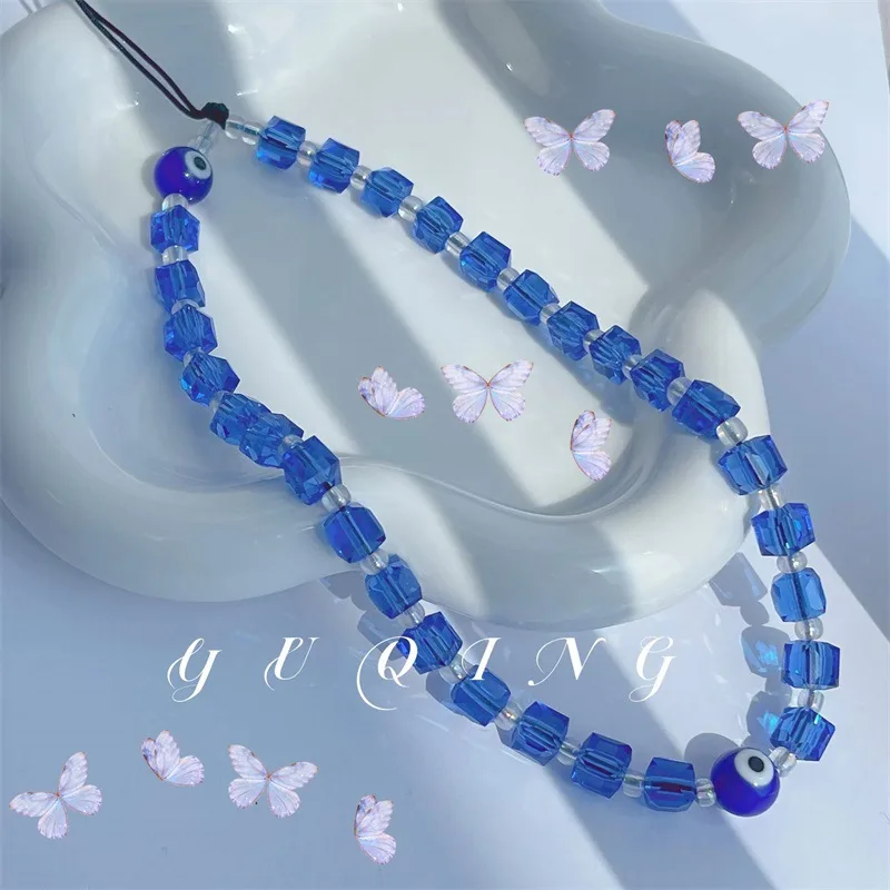 

Devil's Eye Crystal Acrylic Square Beaded Blue Lanyard Anti-Lost Mobile Phone Chain Charming Gift For Female Jewelry Accessories