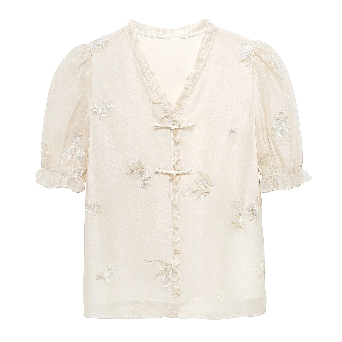Женская шифоновая блузка с коротким рукавом V-образным вырезом и вышивкой модель