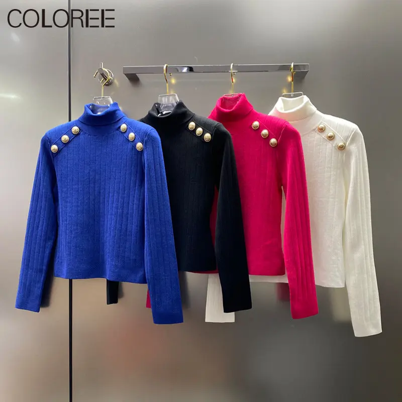 New In Pull Femme Automne Hiver 2023 Luxury Gold Buttons Turtleneck Sweater Women Long Sleeve Knitted Tops Pullovers