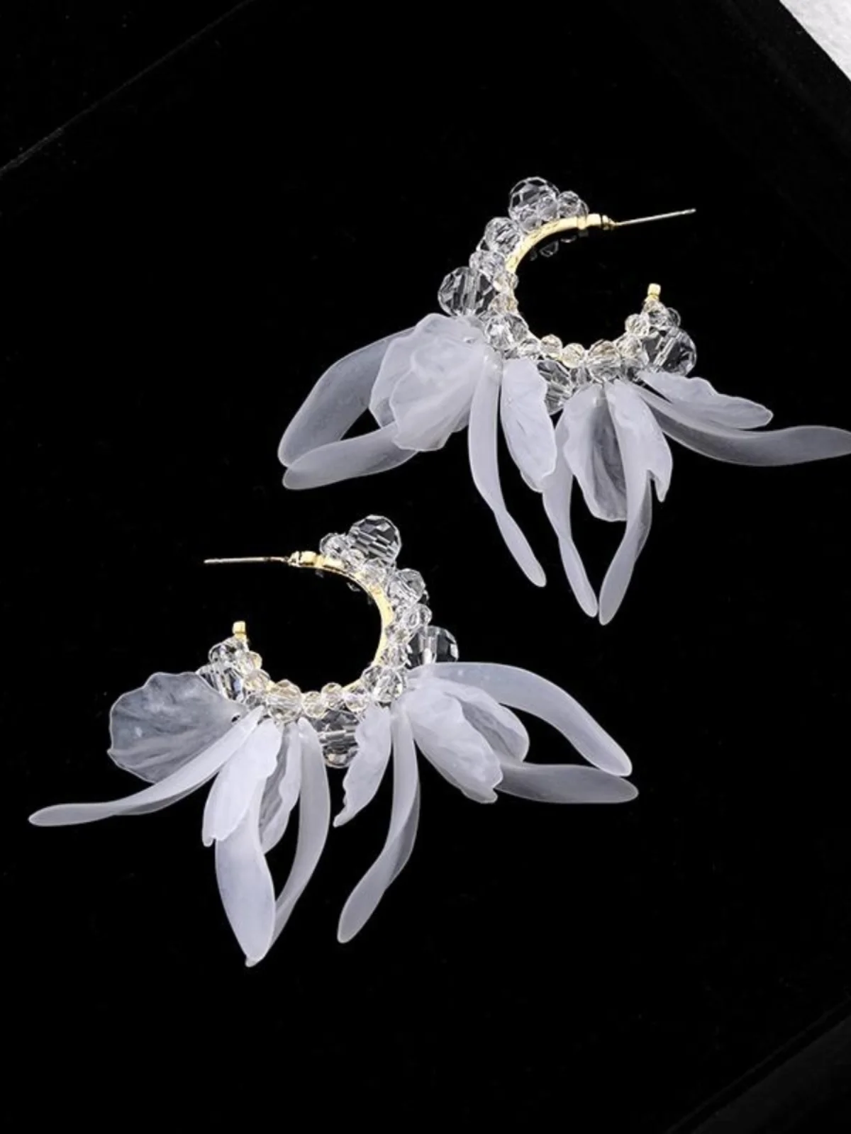Immortal Cold Crystal Petal Tassel C- Shaped Earrings Light Luxury High-Grade Sense Design Temperament 925 Silver Needl...