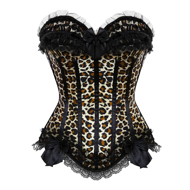 

Corset Bustier Lingerie Top For Women Sexy Lace Up Plus Size Leopard Print Bow-Knot Boned Overbust With Costume Pink Black Corsé