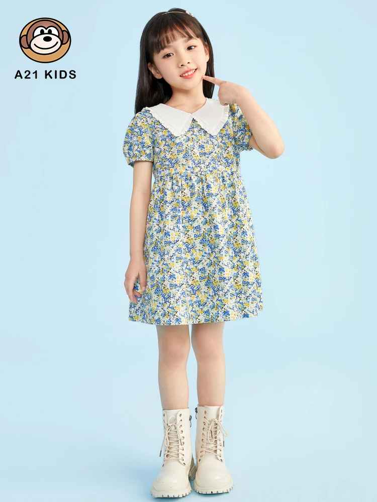 A21 Girls' Casual Dress 2022 Summer New Fashion Cotton Doll Collar Full of Printed Sweet and Cute Bubble Short-sleeved Dresses enlarge
