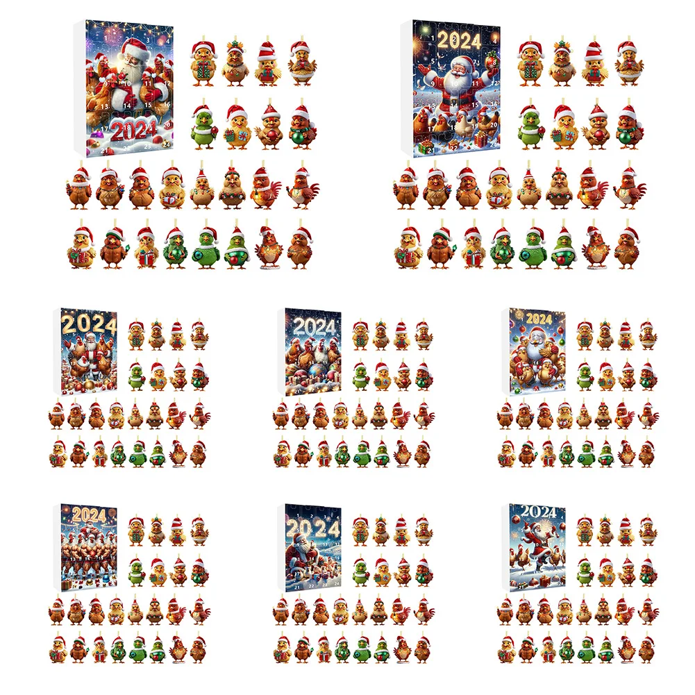 Курица с шляпой Санта-Клауса рождественский календарь обратного отсчета 2D