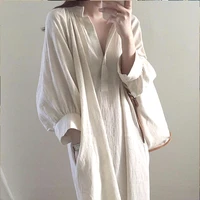 korean chic loose and lazy style robe niche cotton and linen shirt dress womens mid length v neck over the knee white vestidos
