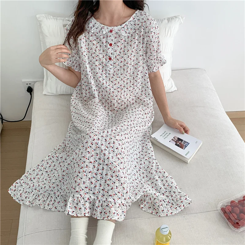 

Casual Comfortable Home Clothes Dress Nightgown Women Peter Pan Collar 100% Cotton Sleepdress Cherry Floral Print Vintage D344