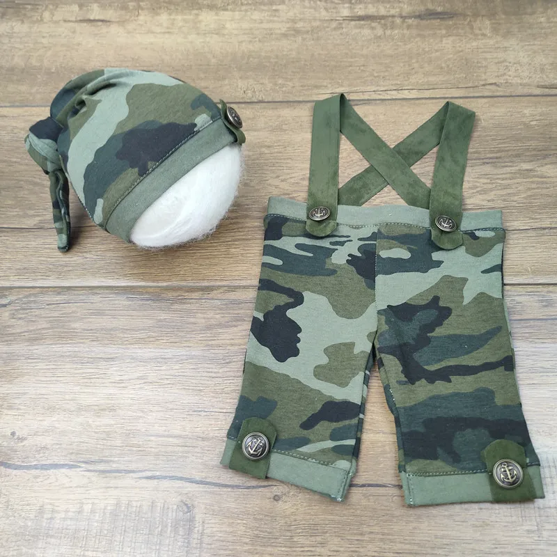 Newborn Photography Clothing Hat+Suspenders 2Pcs/Set Studio Baby Photo Props Accessories Shooting Infant Camouflage Clothes