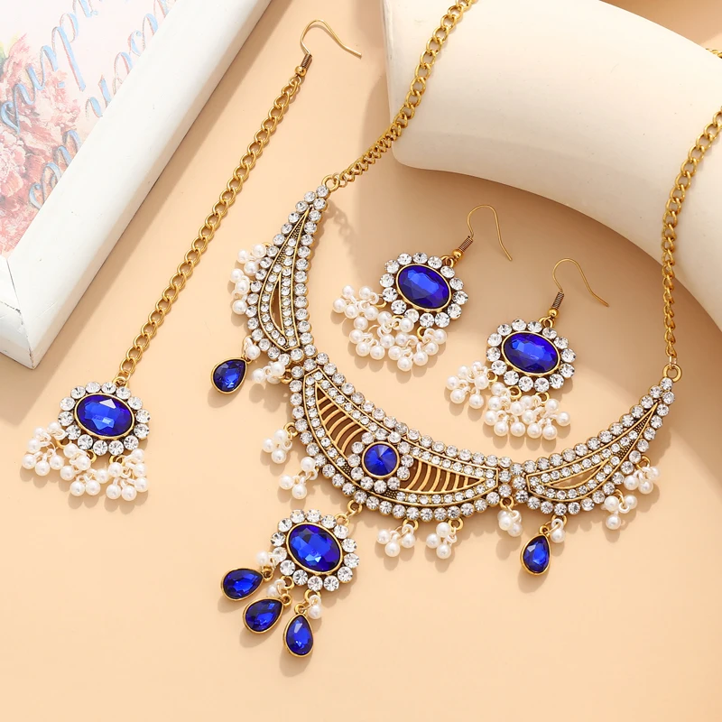 

ZOSHI Luxury Blue Crystal Wedding Jewelry Sets For Women Indian Gold Color Pendant Necklace Pearl Earrings Bridal Jewelry Set