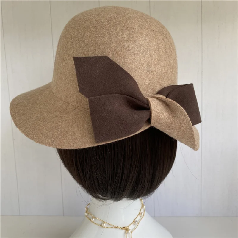 100 Pure Woolen New Products In Autumn and Winter Ladies Oatmeal Camel Bow Fisherman Hat Basin Hat Felt Hat