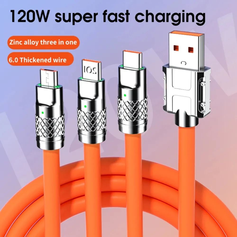 

120W 6A 3 in 1 Type C USB Cable Fast Charging for iPhone Micro USB Cable For Samsung Huawei Xiaomi Phone Charger USB Cable